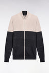 Cardigan zippé en coton bicolore beige et gris coupe droite