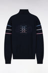 Cardigan zippé en coton marine à liserés colorés coupe droite