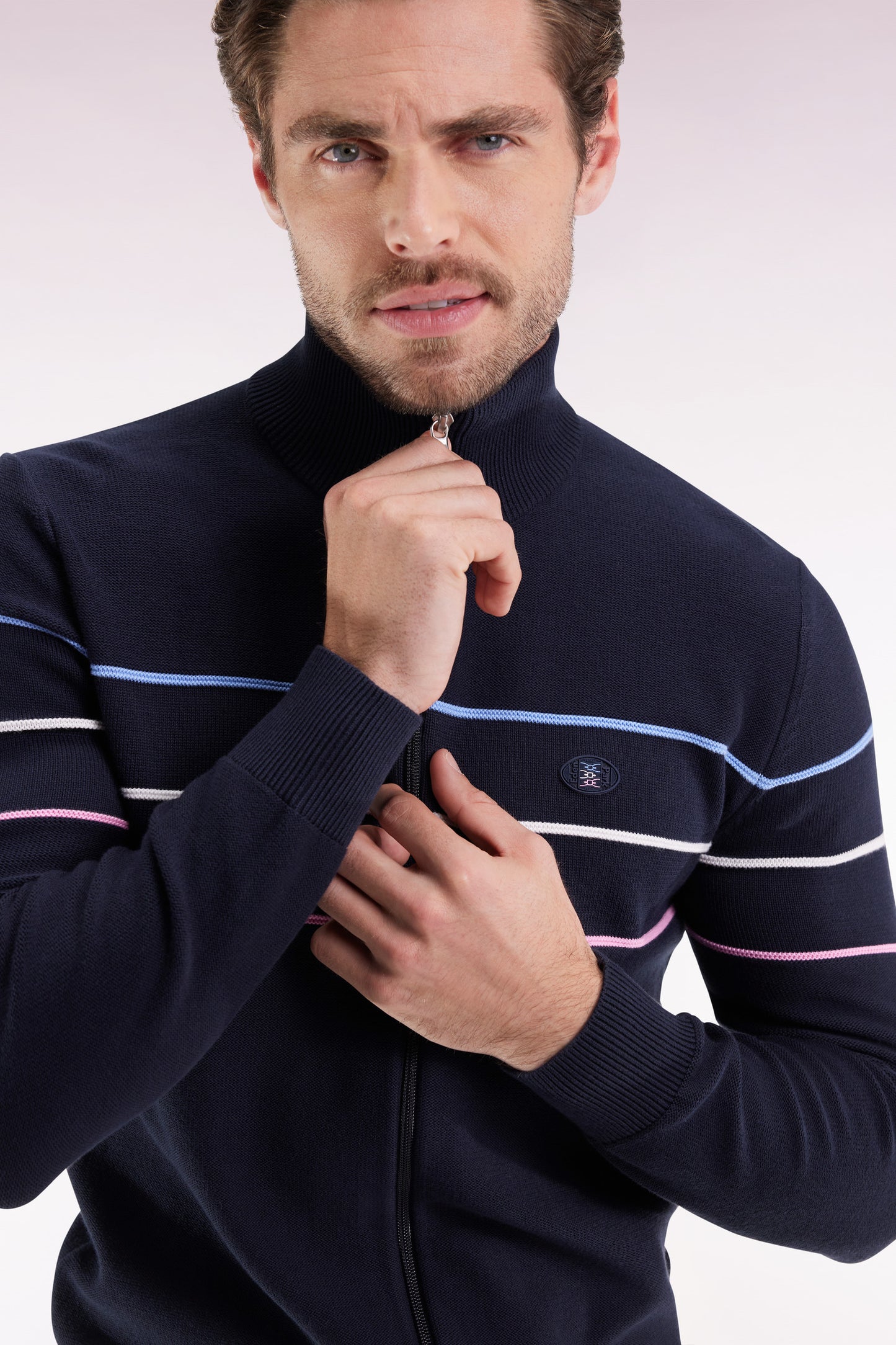 Navy cotton zipped cardigan with coloured piping, straight cut