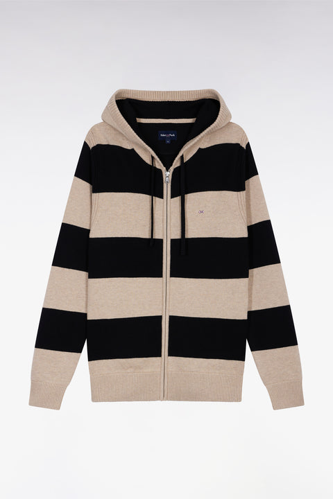 Pull à capuche zippé en laine et coton rayé marine et beige coupe droite - Image 2