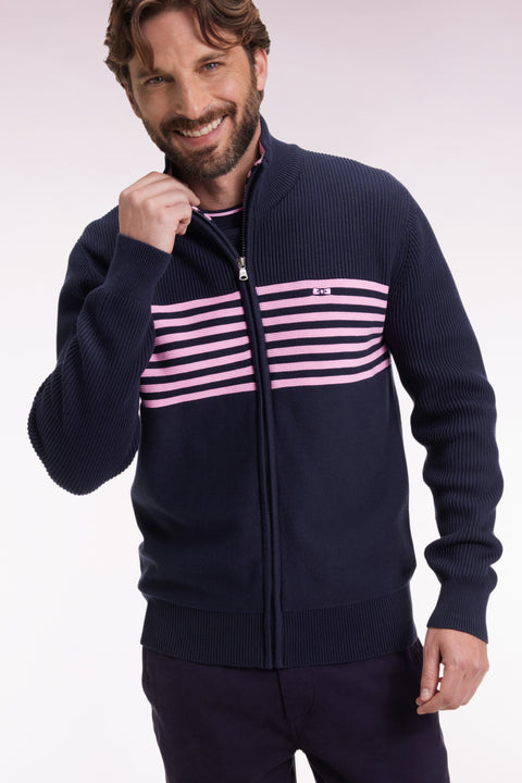 Cardigan zippé en coton marine à rayures roses coupe droite - Image 3