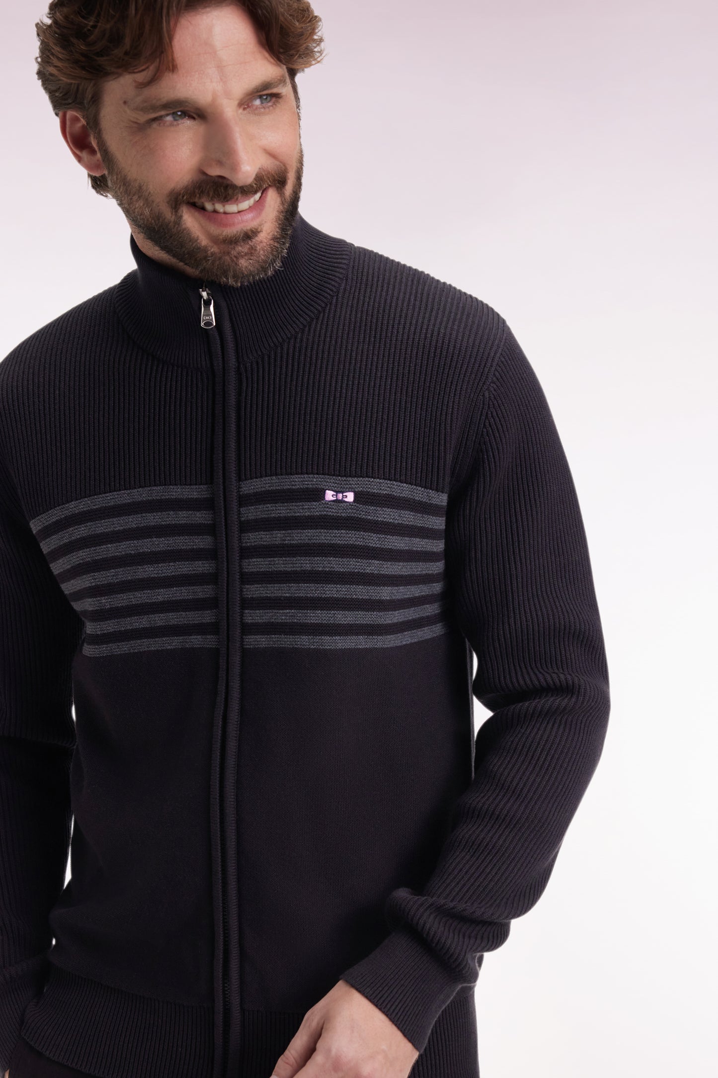 Zipped cardigan in black cotton with grey stripes, straight cut