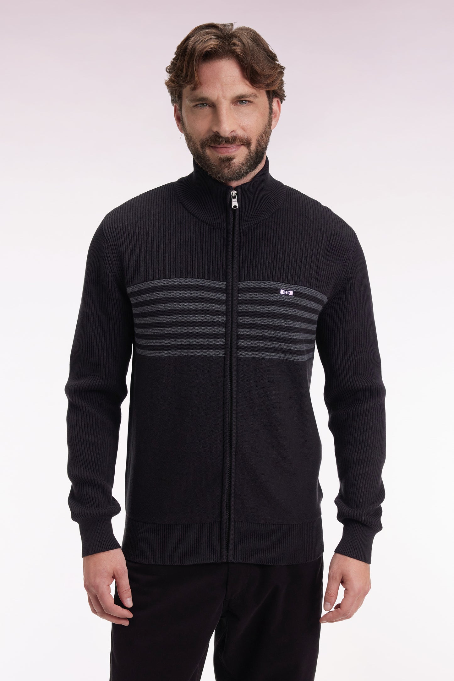 Zipped cardigan in black cotton with grey stripes, straight cut