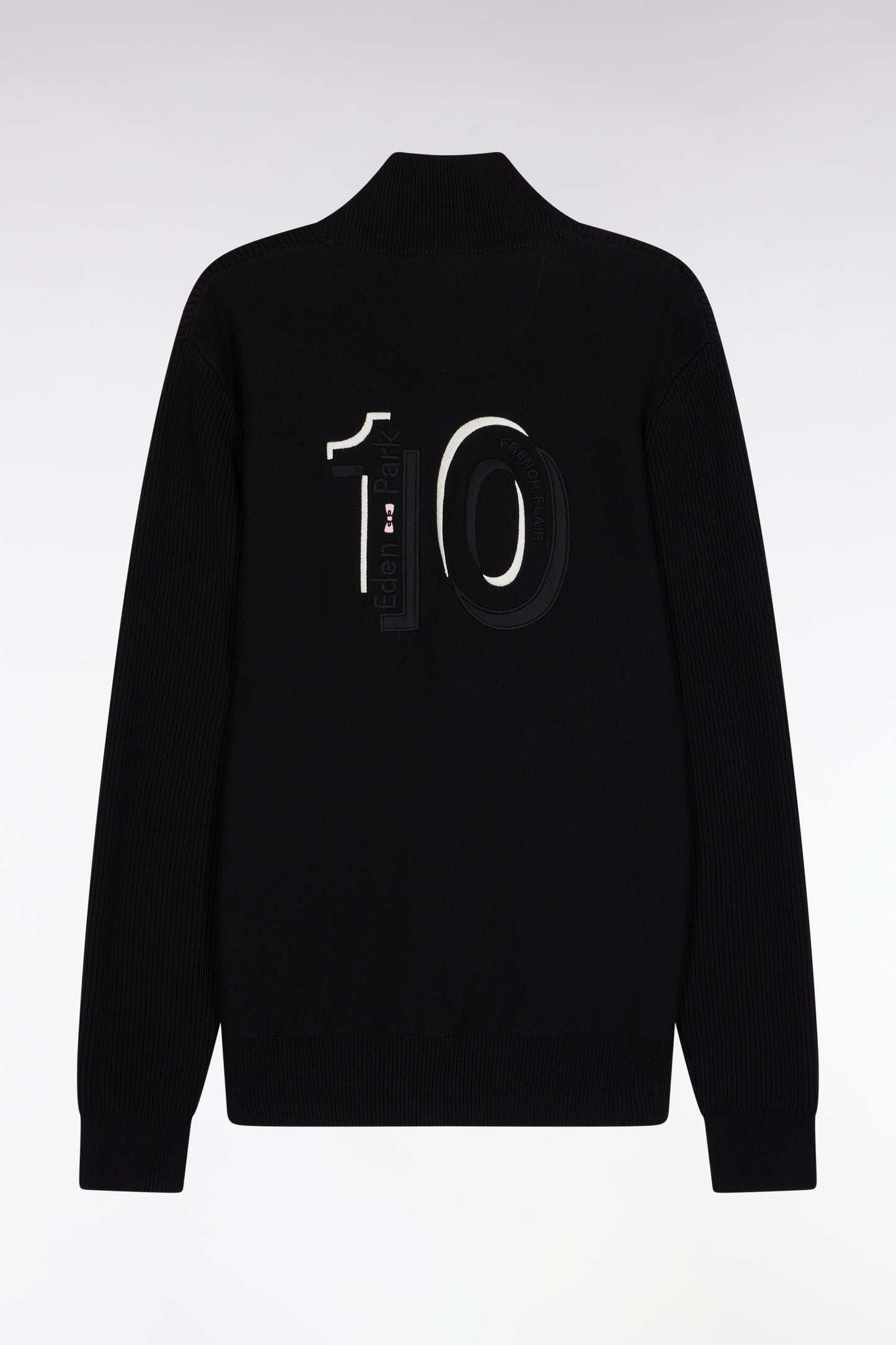 Zipped cardigan in black cotton with grey stripes, straight cut
