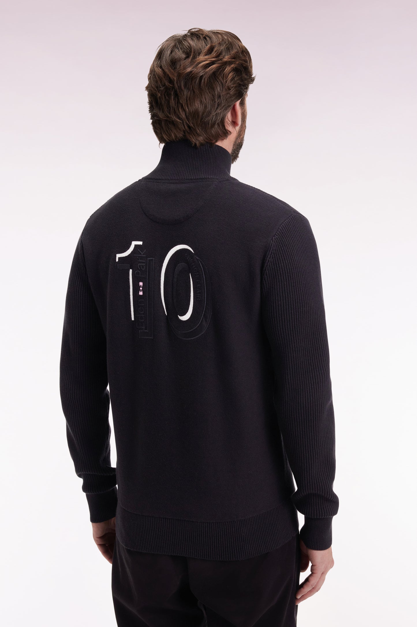 Zipped cardigan in black cotton with grey stripes, straight cut
