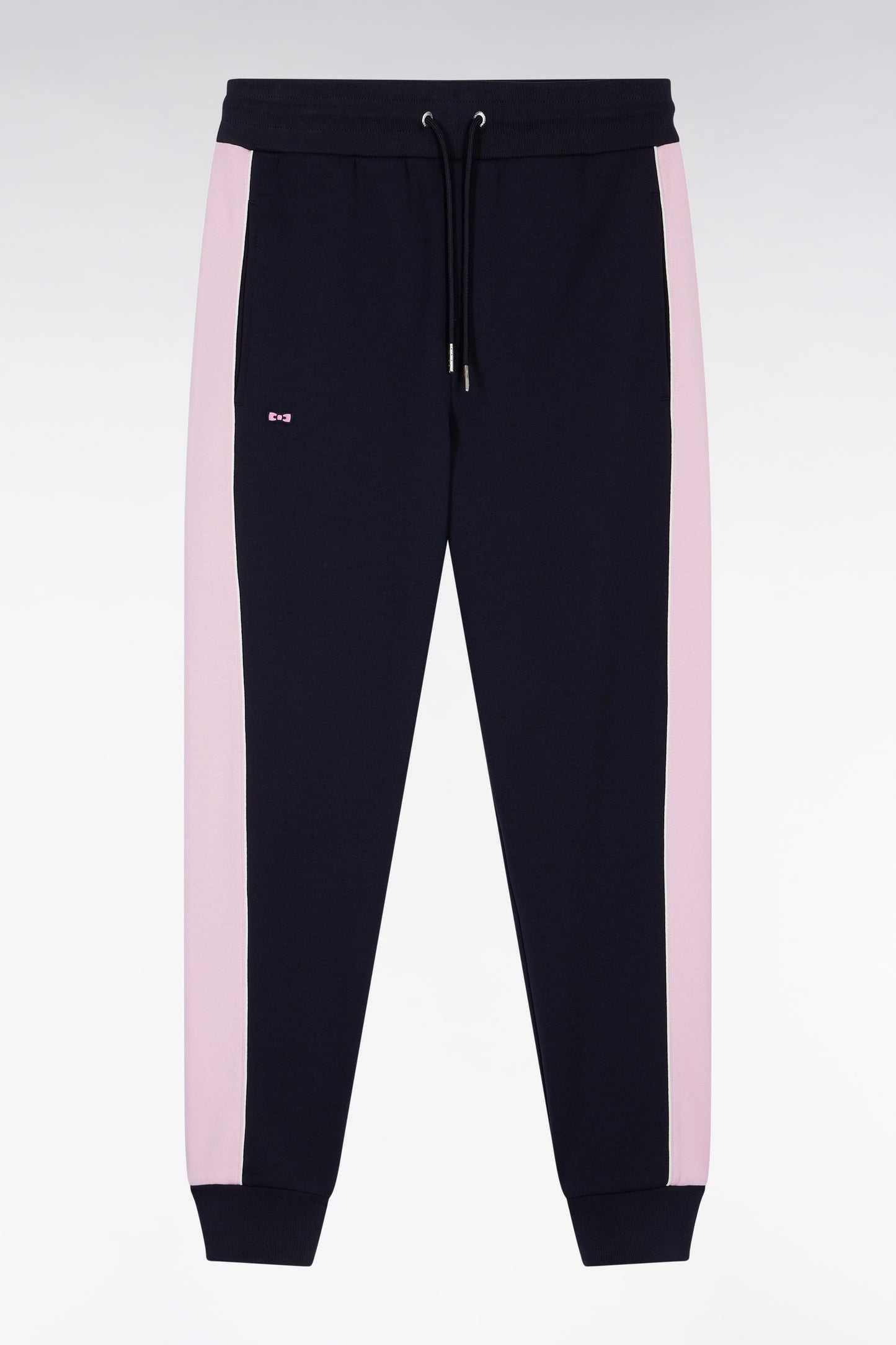 Navy brushed fleece jogging suit with pink stripes, straight cut