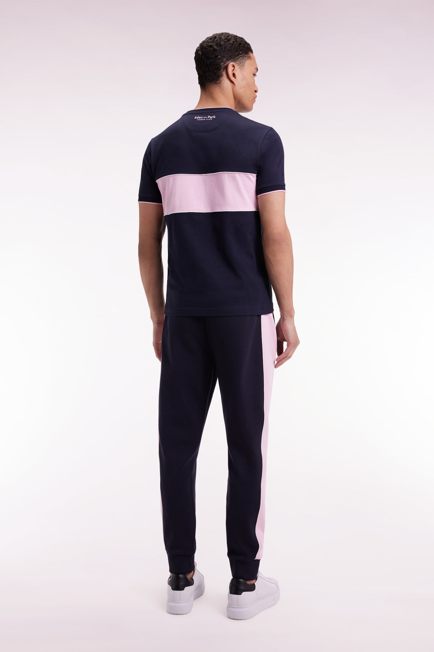 Navy brushed fleece jogging suit with pink stripes, straight cut