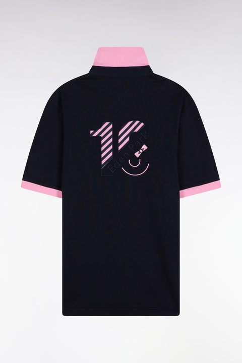 Short-sleeved jersey in navy cotton with pink stripes - Image 3