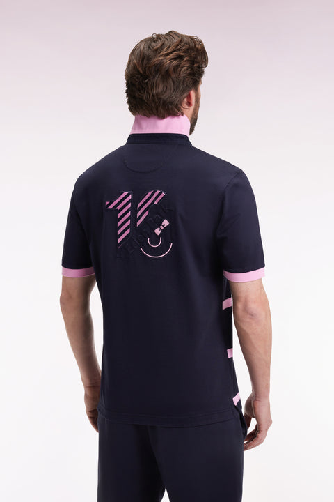 Short-sleeved jersey in navy cotton with pink stripes - Image 2