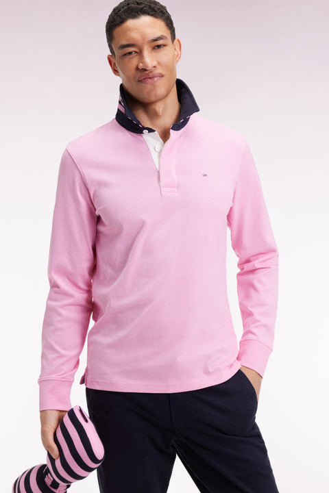 Maillot manches longues en jersey rose dessous de col rayé - Image 1