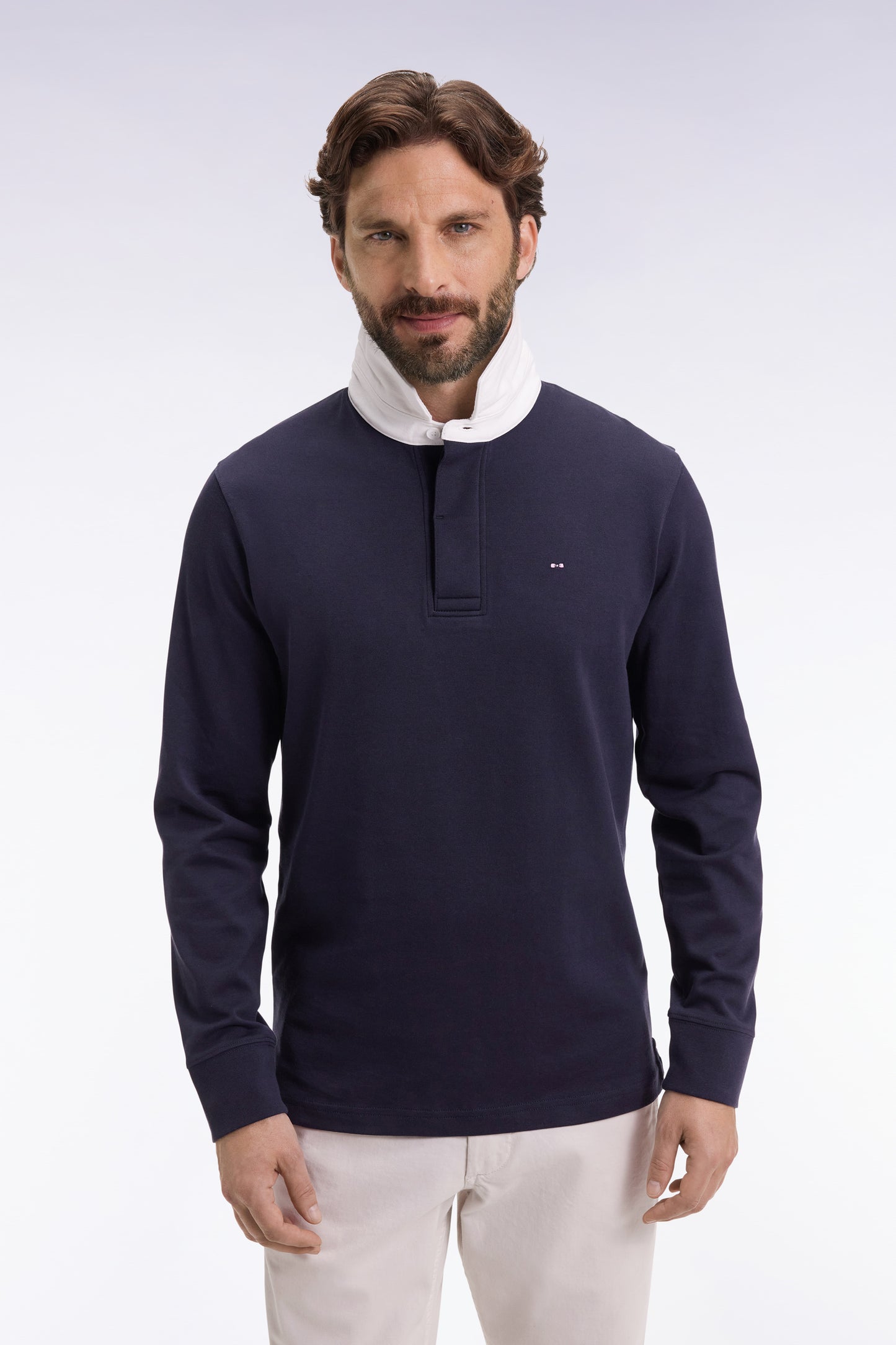 Maillot manches longues en jersey de coton Pima marine coupe droite