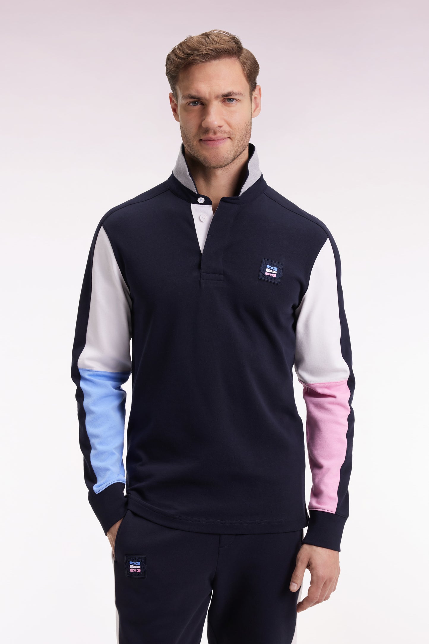 Maillot à manches longues en jersey coton épais marine brodé coupe droite