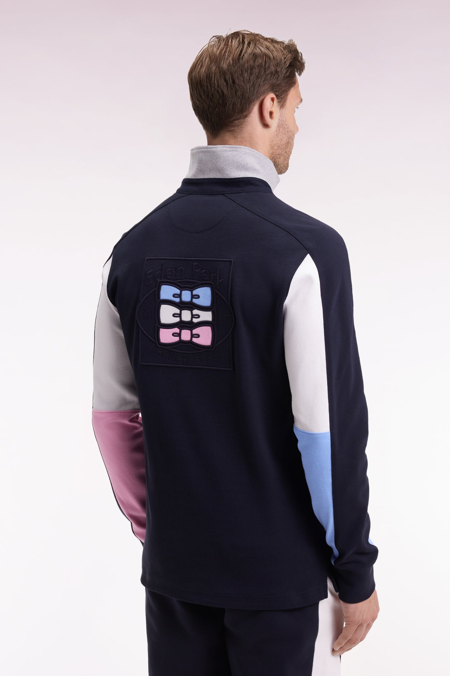 Maillot à manches longues en jersey coton épais marine brodé coupe droite