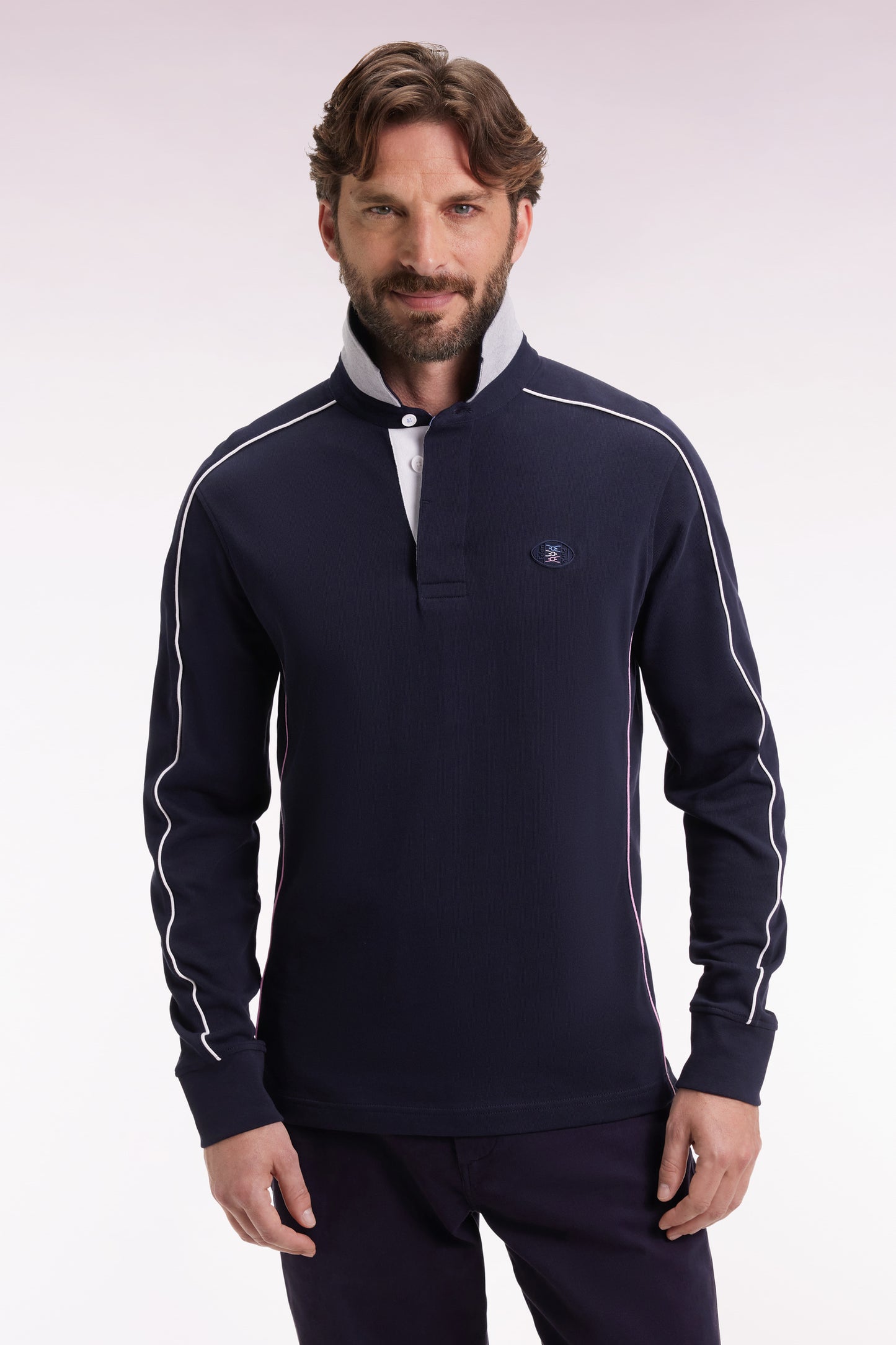 Maillot à manches longues en jersey de coton épais marine passepoils coupe droite