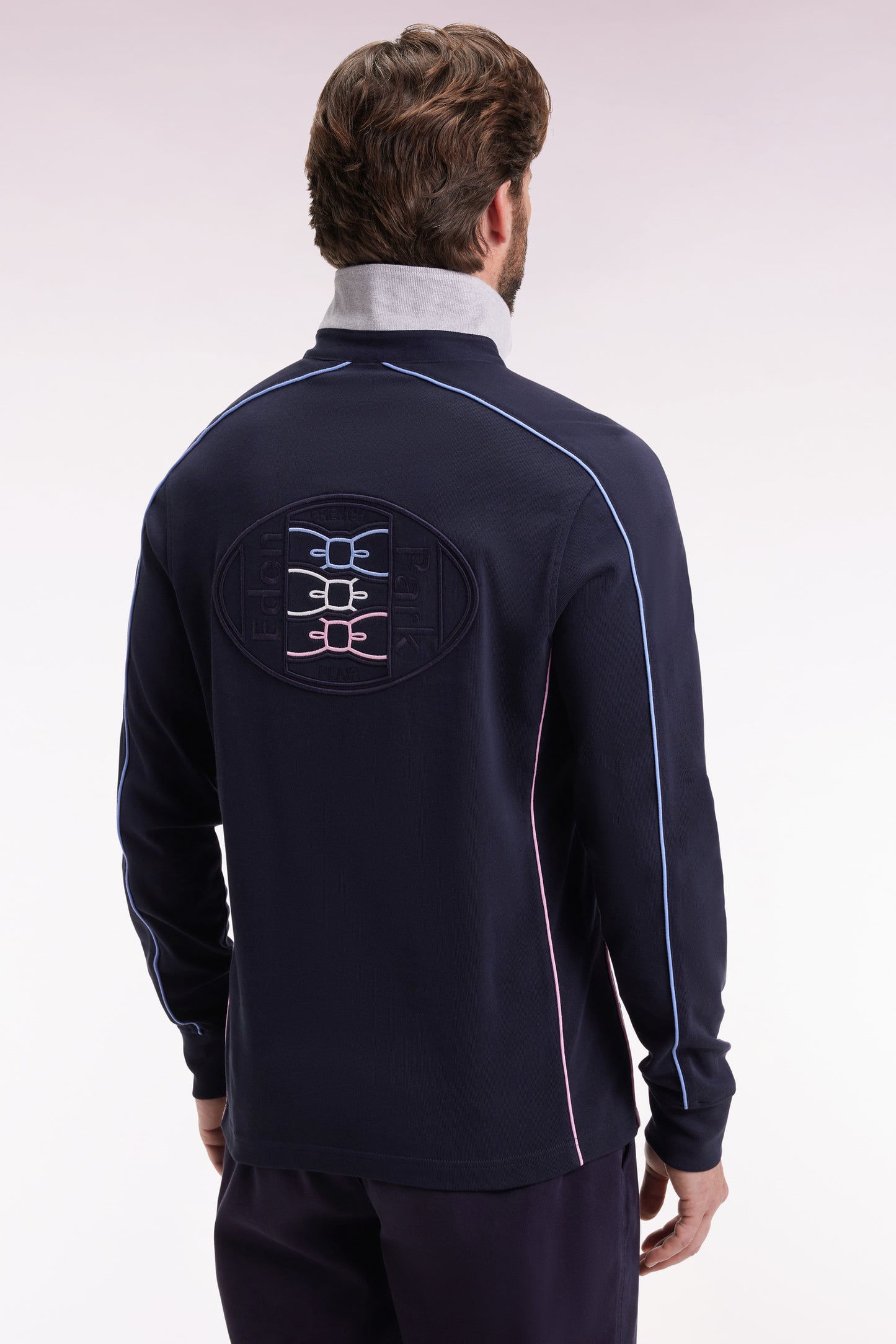 Maillot à manches longues en jersey de coton épais marine passepoils coupe droite