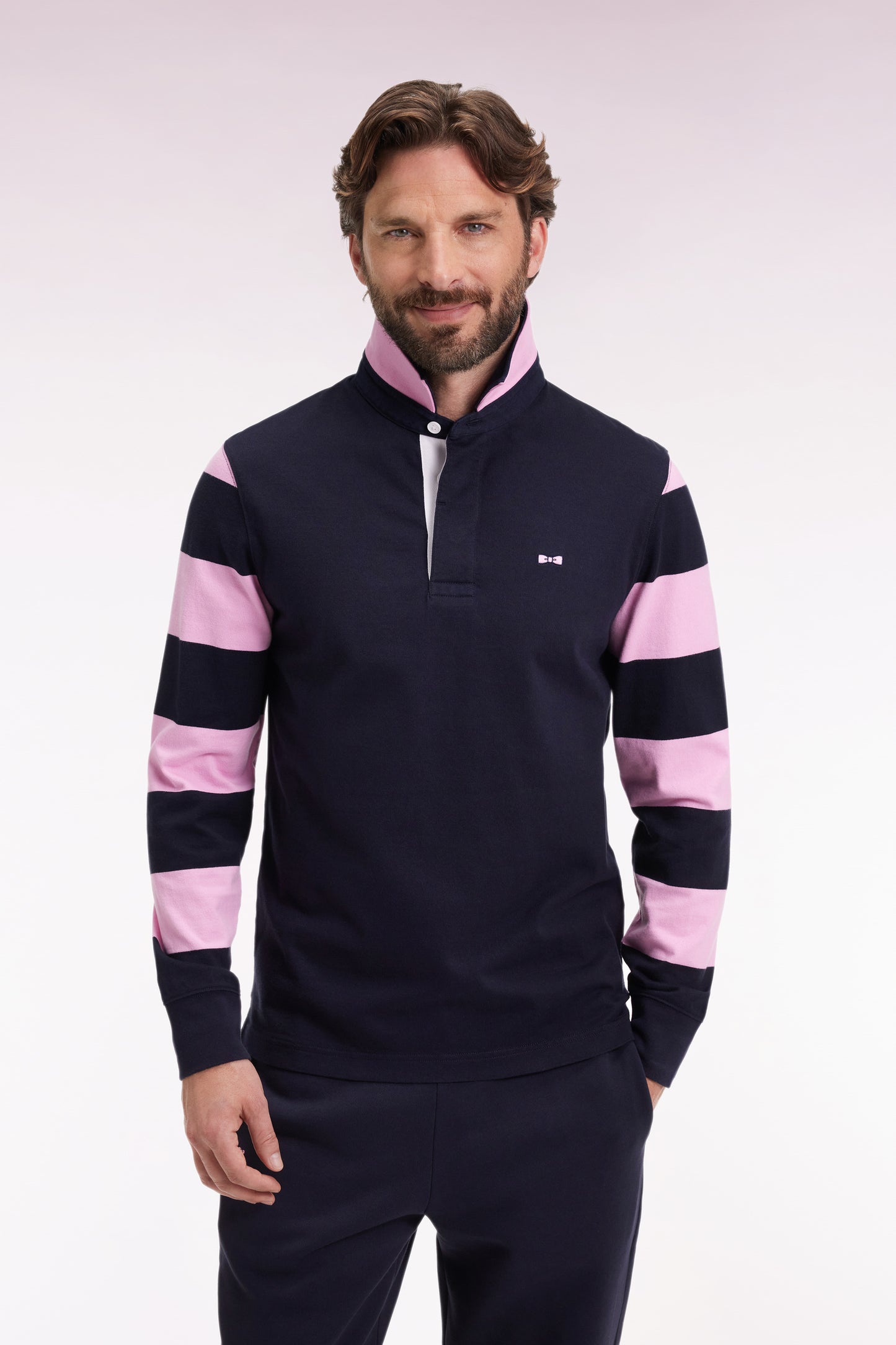 Maillot à manches longues rayées en molleton marine coupe droite
