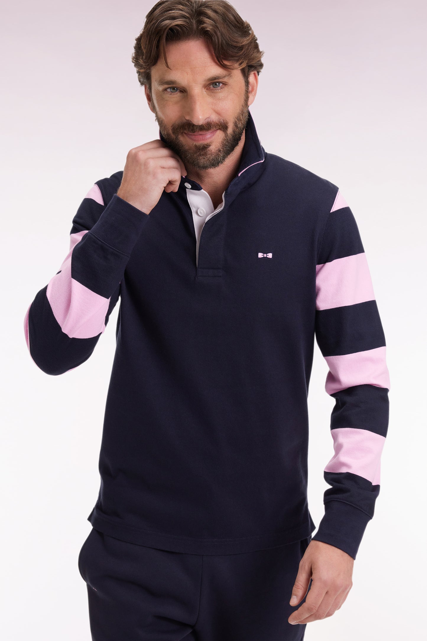Maillot à manches longues rayées en molleton marine coupe droite