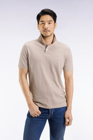 Short-sleeved polo shirt in beige mottled cotton, straight cut