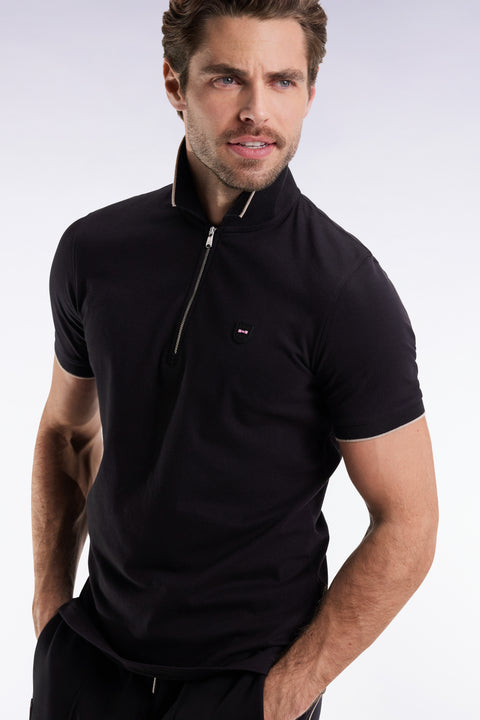 Polo manches courtes en piqué coton stretch noir zippé coupe slim - Image 3