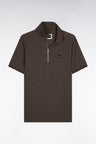 Polo manches courtes en piqué coton stretch marron zippé coupe slim