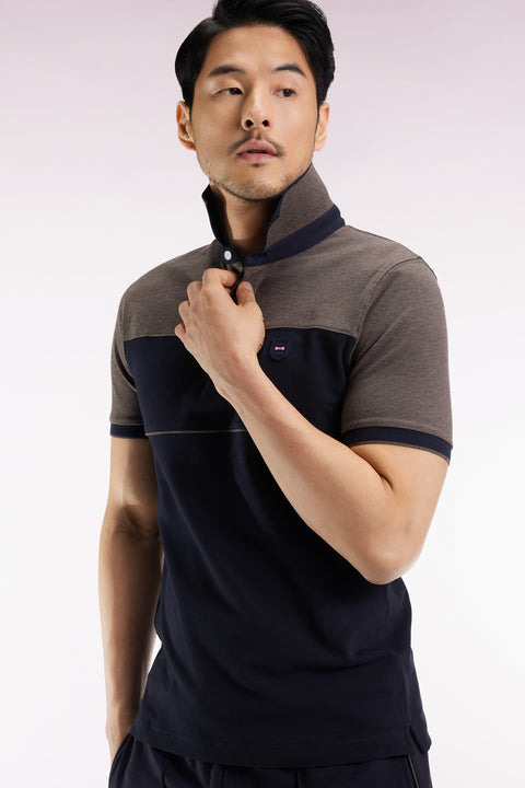 Polo bicolore manches courtes en piqué coton stretch marine coupe slim - Image 3