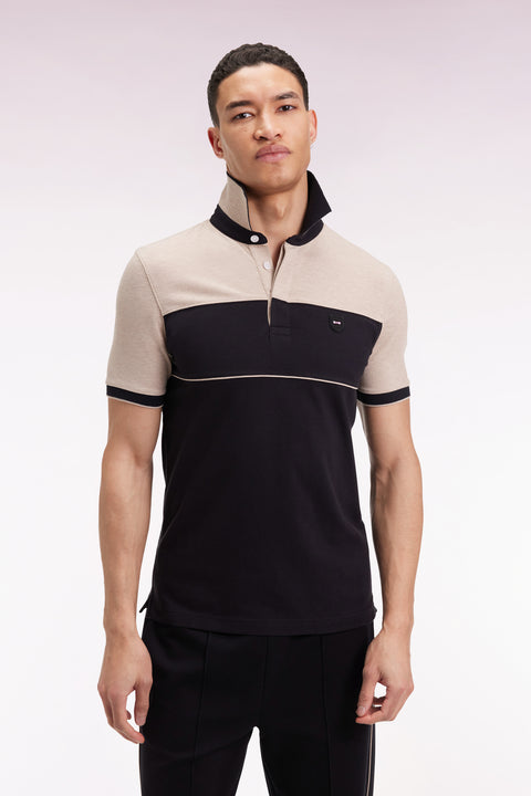 Polo bicolore manches courtes en piqué coton stretch noir coupe slim - Image 1