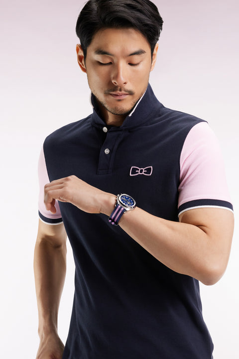 Polo manches courtes roses en piqué coton marine coupe droite - Image 3
