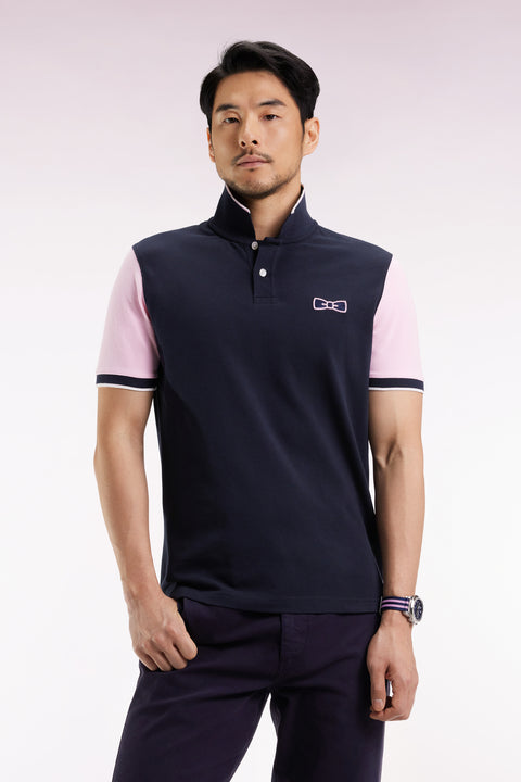 Polo manches courtes roses en piqué coton marine coupe droite - Image 1