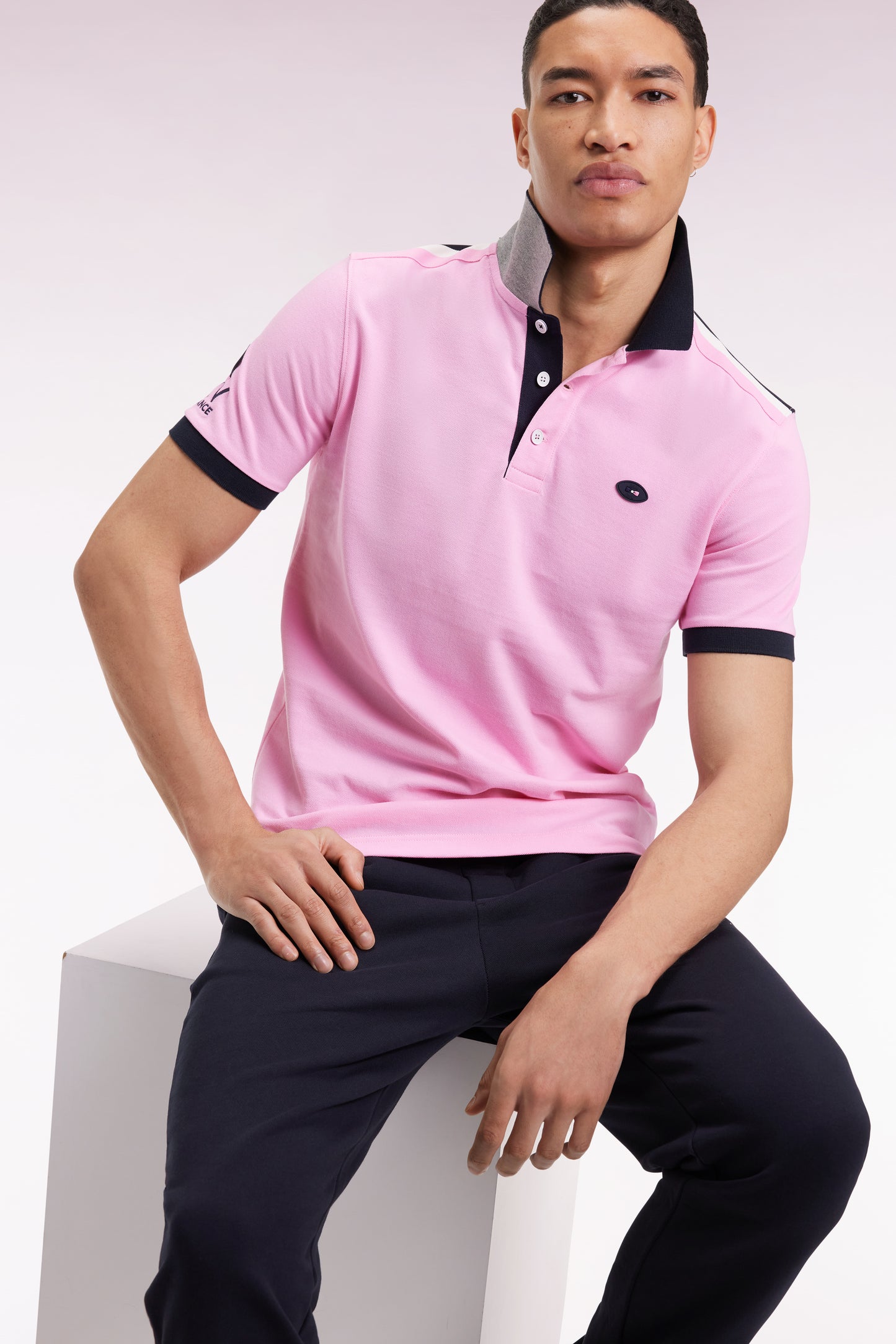 XV de France short-sleeved pink cotton polo shirt, straight cut