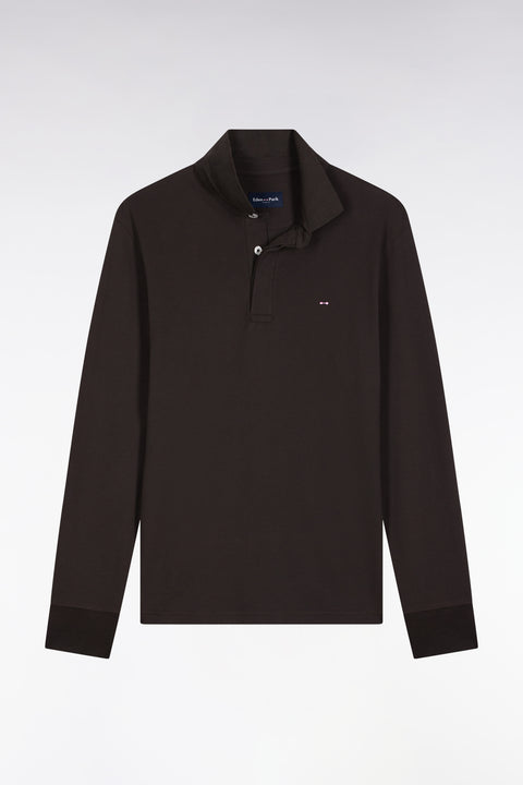 Polo à manches longues en coton stretch marron coupe slim - Image 2