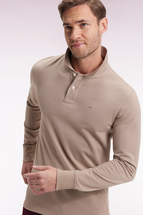 Polo à manches longues en coton Pima beige coupe droite - Image 3