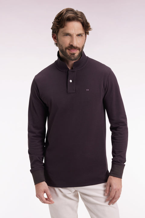 Polo à manches longues en coton Pima marron coupe droite - Image 1