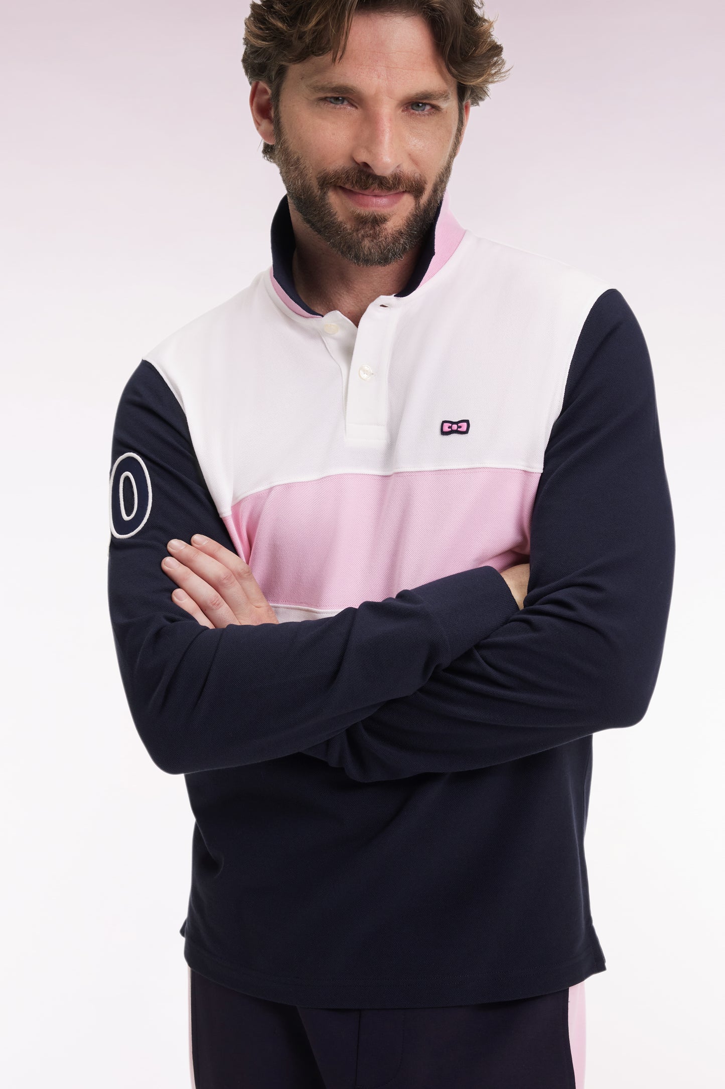 Three-tone long-sleeved polo shirt, regular fit