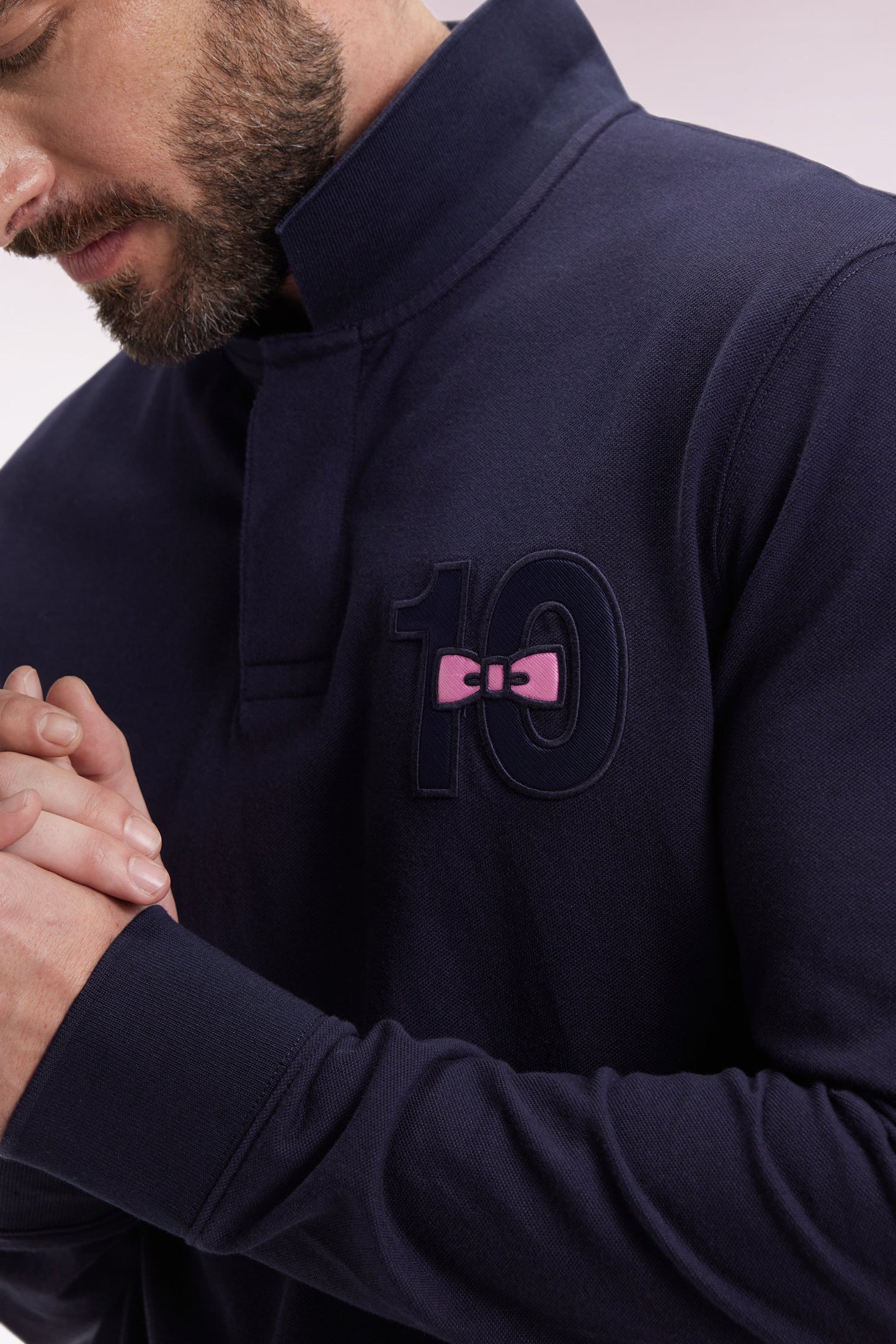 Navy cotton piqué long-sleeve polo with 10" embroidery