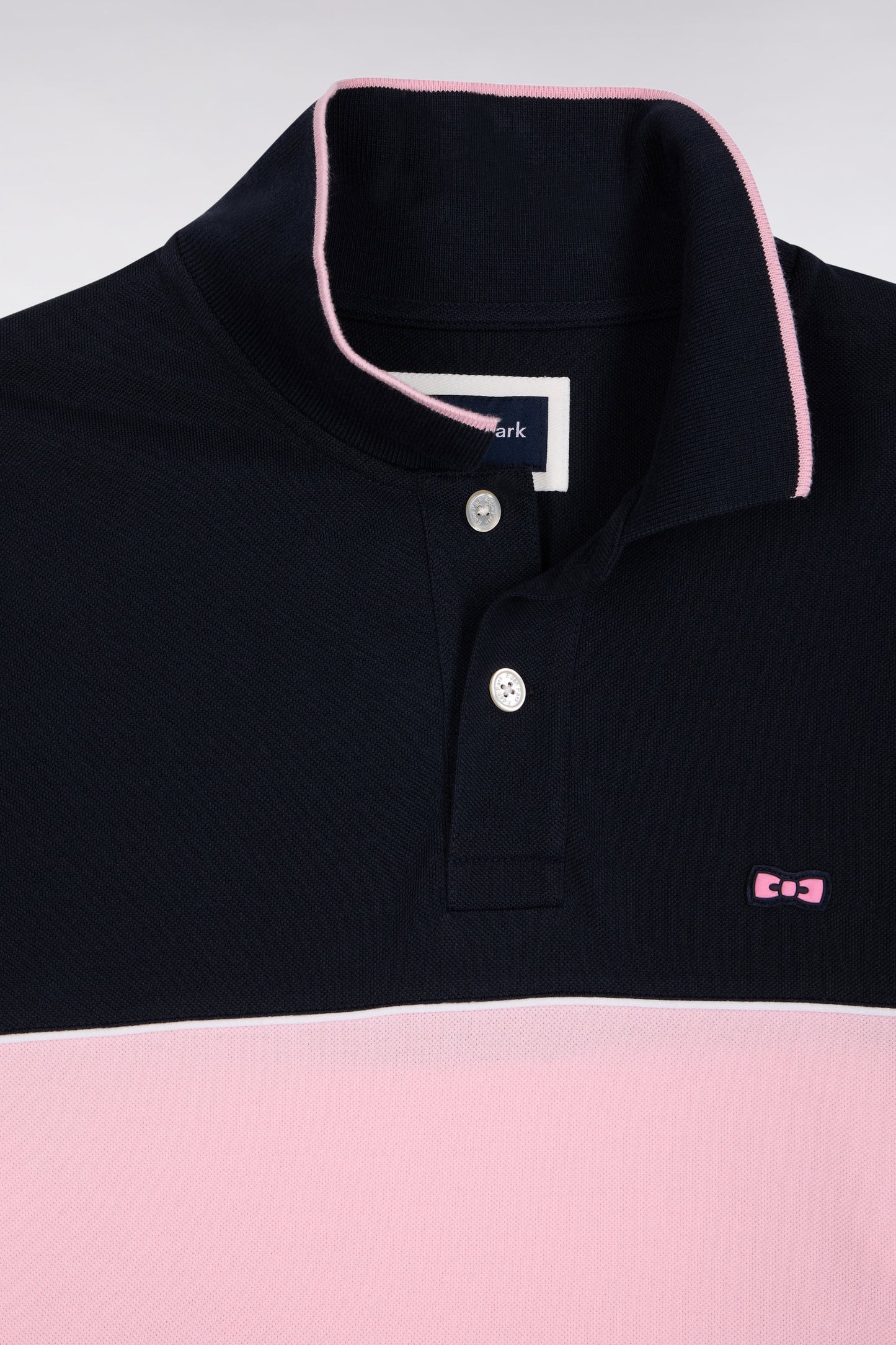 Polo à manches longues en piqué coton marine bande rose