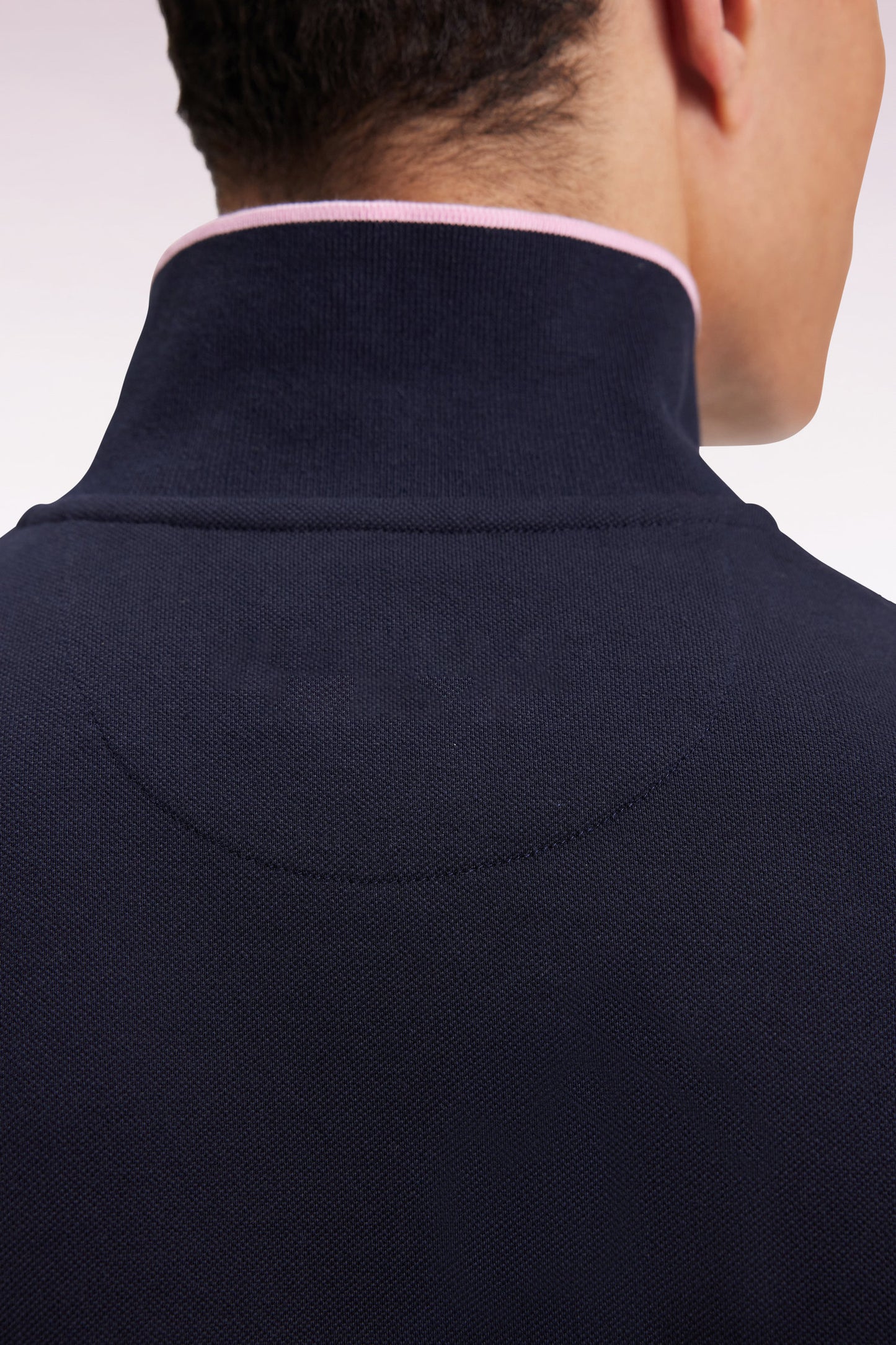 Polo à manches longues en piqué coton marine bande rose