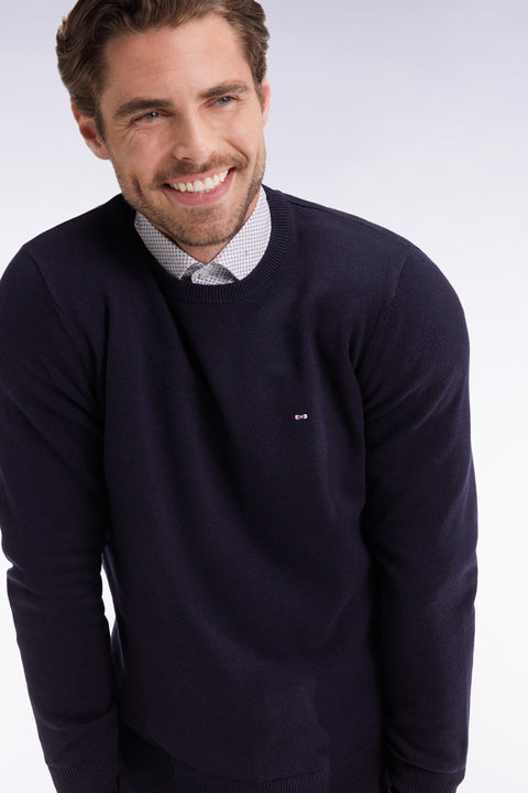 Pull col rond en laine et coton marine - Image 1