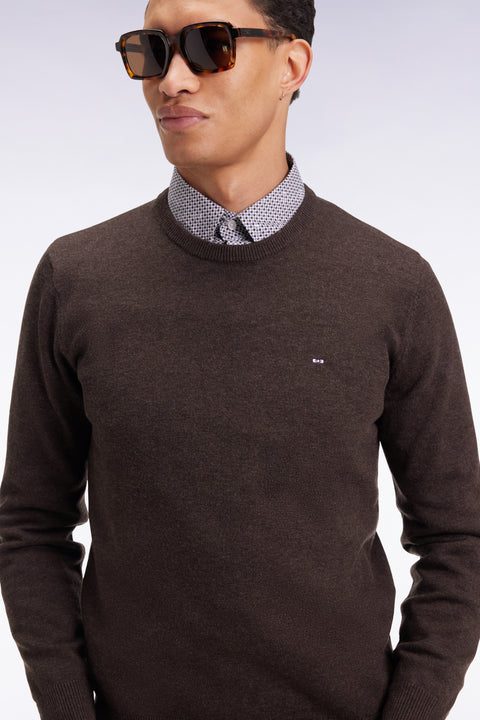 Pull col rond en laine et coton marron foncé - Image 1