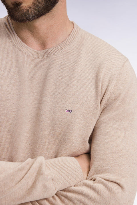 Pull col rond en laine et coton beige - Image 1