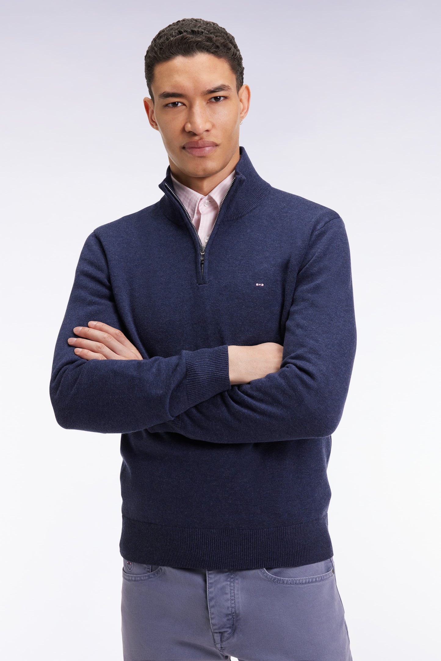 Blue wool and cotton trucker-neck sweater