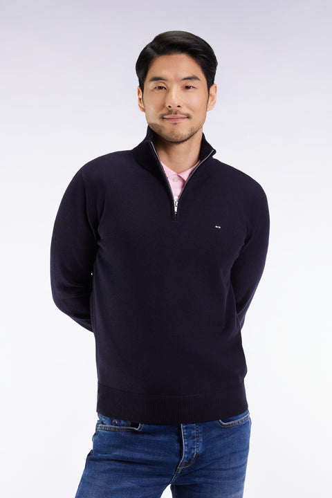 Dark blue wool and cotton trucker-neck sweater - Image 1