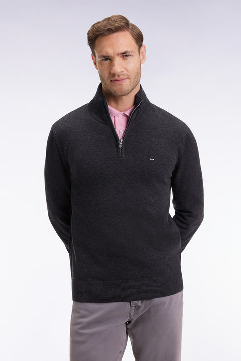 Dark grey wool and cotton trucker-neck sweater - Image 1