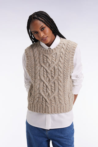 Pull à torsades sans manches en laine vierge mélangée beige coupe Relaxed