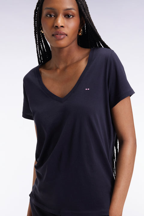 T-shirt à manches courtes en coton Pima marine col V - Image 3