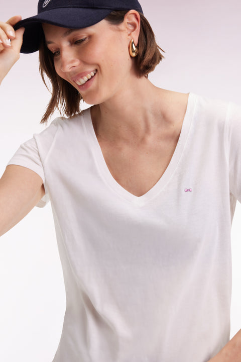 T-shirt à manches courtes en coton Pima blanc col V - Image 3