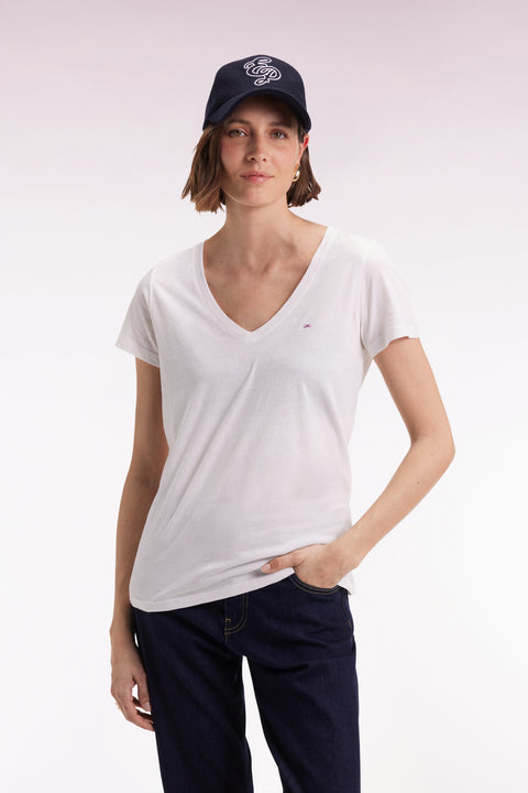 T-shirt à manches courtes en coton Pima blanc col V - Image 1