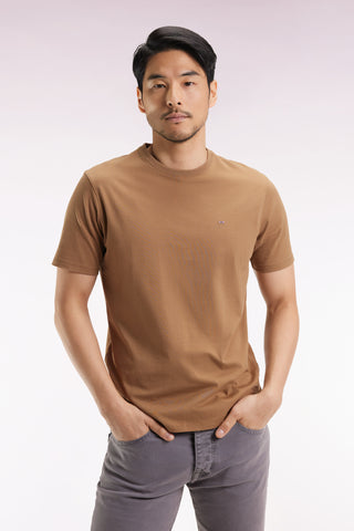 Short-sleeved round-neck T-shirt in camel Pima cotton