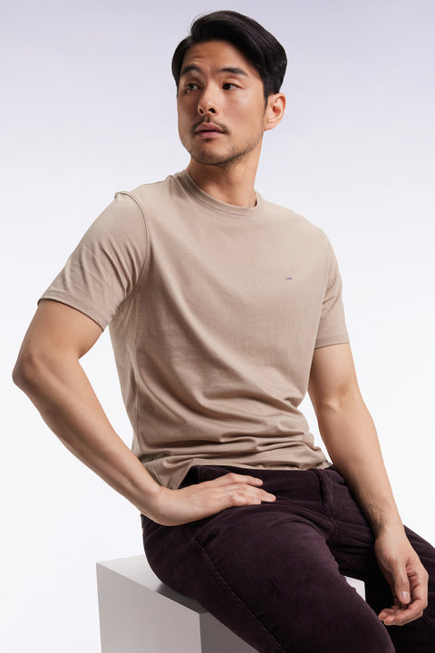 T-shirt manches courtes à col rond en coton Pima beige - Image 3