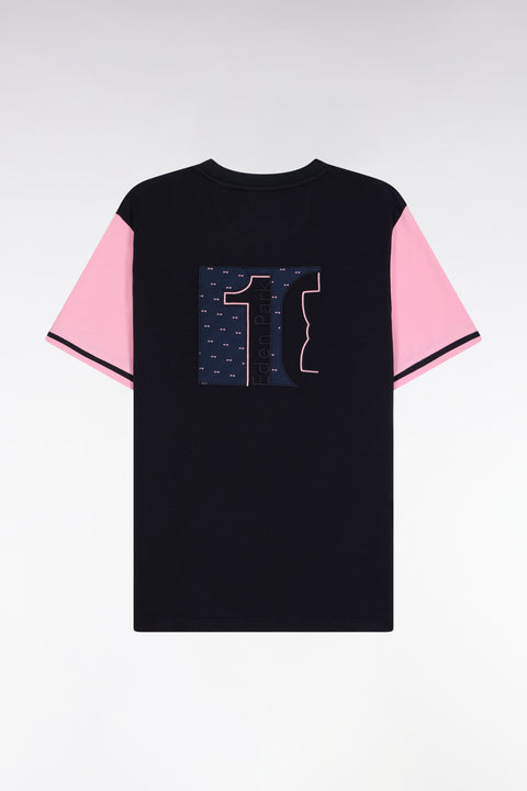 T-shirt à manches courtes bicolore en coton brodé marine et rose - Image 2