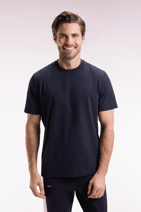 T-shirt à manches courtes en coton marine à logo - Image 1